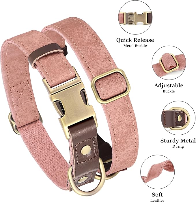 Didog Soft PU Leather Dog Collars for Medium Dogs,Classic Adjustable Dog Collars with Quick Release Metal Buckle,Easy Clean and Comfortable with Nylon Lining,Pink,M Neck 13-19"