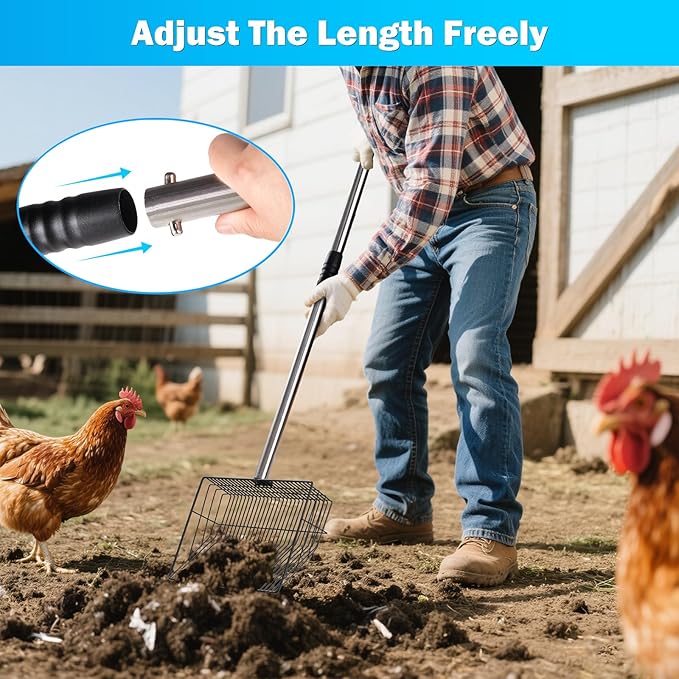 10inch Large Metal Chicken Poop Scooper,32 to 67" Adjustable Long Chicken Coop Litter Scoop,Heavy Duty Sifting Shovel for Chicken Coop & Pet Waste Cleaning