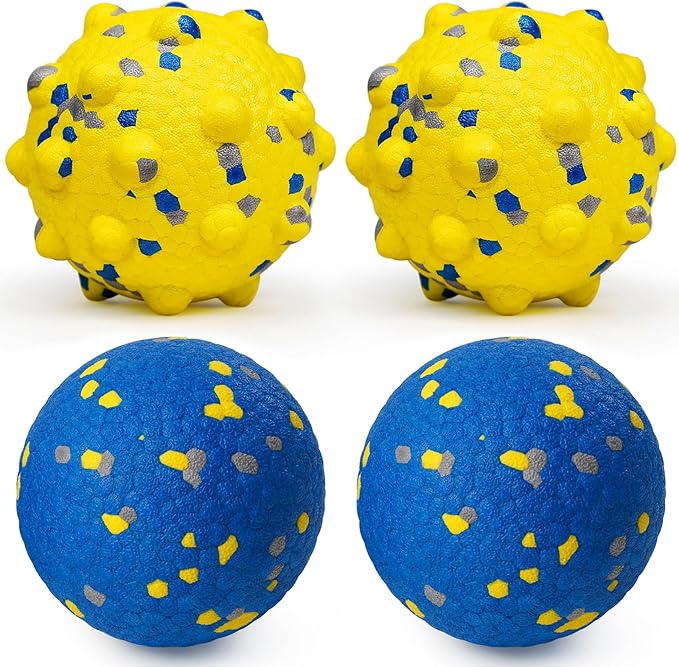 Dog Tennis Balls for Aggressive Chewers, Indestructible Durable Bouncy Interactive Toy for Dogs Fetch Game Lightweight Floating Outdoor Training(2 Yellow Point+ 2 Blue Circle Large)