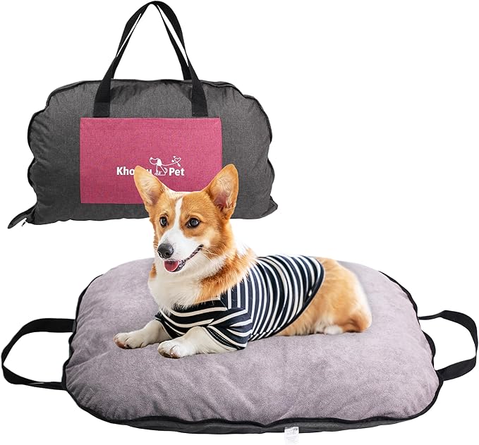 Portable Waterproof Dog Mat for Camping, Patio & Travel - Foldable Outdoor Dog Bed with Teflon Shell & Removable Plush Pad - Easy Clean, Durable - M (Hemp Grey)