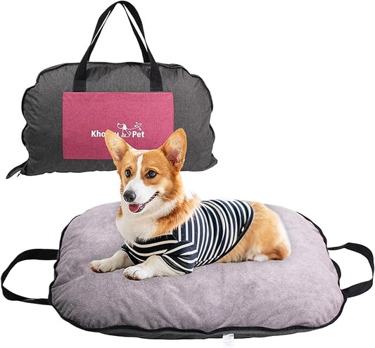 Portable Waterproof Dog Mat for Camping, Patio & Travel - Foldable Outdoor Dog Bed with Teflon Shell & Removable Plush Pad - Easy Clean, Durable - M (Hemp Grey)