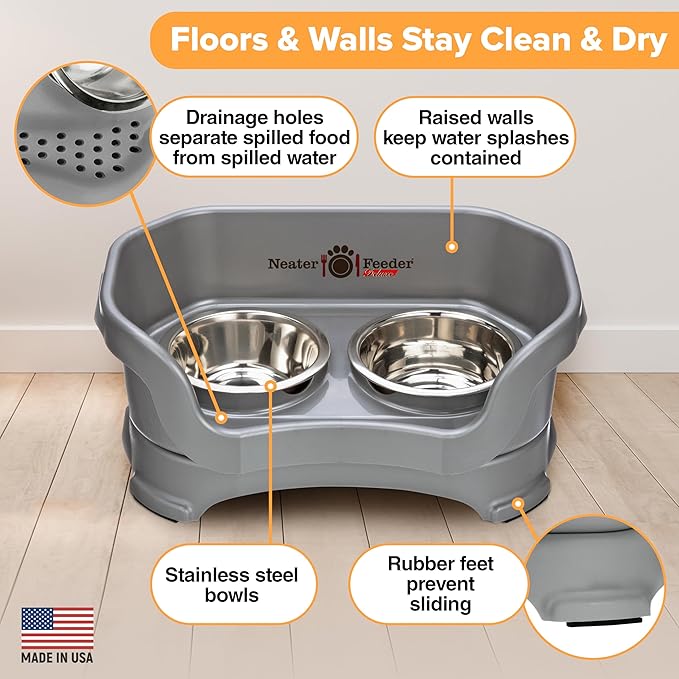 Neater Feeder Deluxe Mess Proof Cat Bowls Elevated for All Breeds – Made in USA – No Spill Raised Bowls for Indoor Cats – Stainless Steel Food and Water Bowl Set, Pet Dish Feeding Station, Grey
