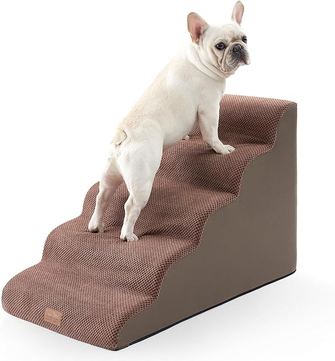 Extra Wide Dog Stairs 19.7" Width, Large Pet Step for Small Medium Dog, Puppy or Cat, Ramp for High Bed or Car, High Density Foam Ladder, Stable, 5 Step, 19.7x33x22.4 inch, Brown