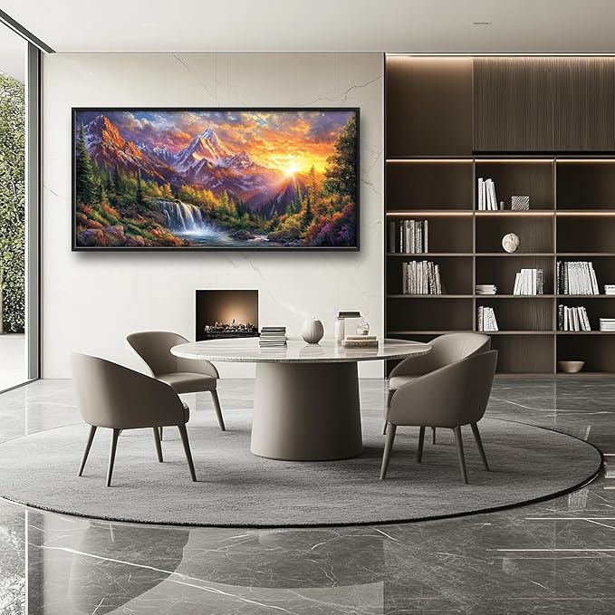 Large Mountain Tree Wall Art for Living Room, Framed Oversized Sunset Waterfall Wall Decor Nature Landscape Canvas Painting Modern Artwork for Living Room Bathroom Bedroom Office Dining Room 60"x30"