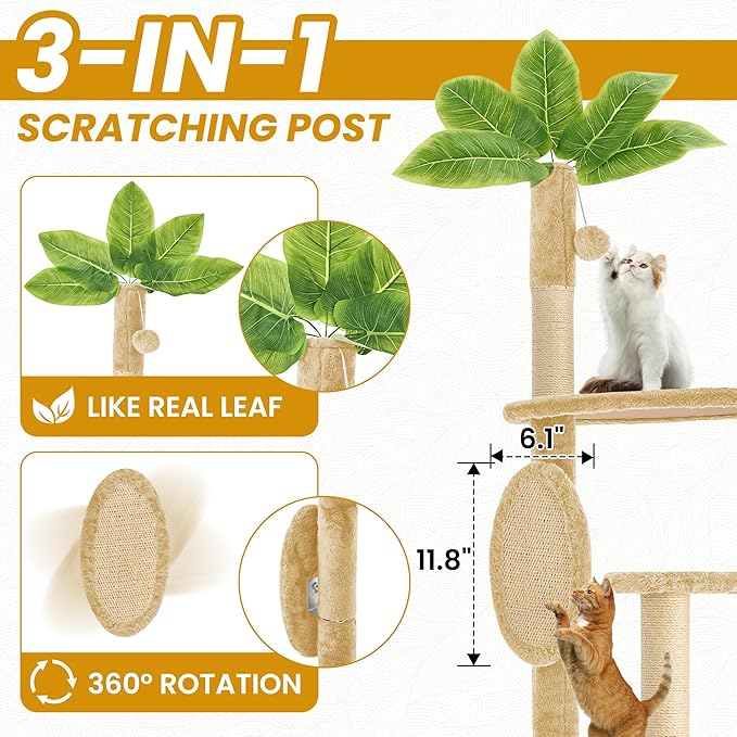 55 Inch Large Cat Tree Tower for Indoor Cats with Hammock Green Leaves Sisal Scratching Post, Plush Hang Ball Play Furniture for Kittens & Adult Cats, New Beige
