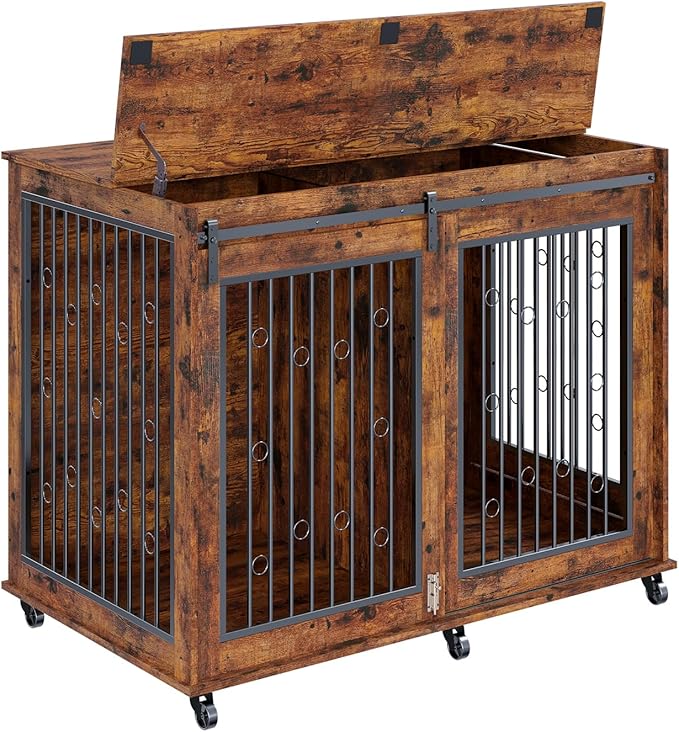 IchbinGo Large Dog Crate Furniture, 47" Wooden Dog Kennel with Sliding Barn Door, Flip-Top Lid & Wheels, Indoor Pet Crate Table with Detachable Divider for Small/Medium/Large Dogs (Rustic Brown)
