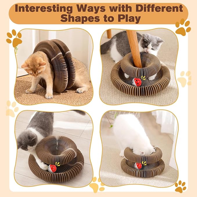 Magic Organ Cat Scratcher Board with 3 Balls, Foldable Recyclable Accordion Cats Toy with Ball and Track Adventure, Cat Scratching Pad, Retractable Reversible Furniture Protector(Brown)