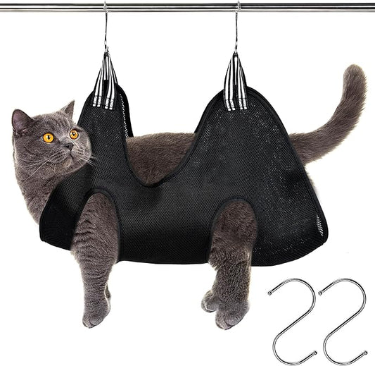 Pet Grooming Hammock for Cats & Dogs, Breathable Mesh Dog Hanging Harness for Nail Trimming, Grooming, Bathing Includes S Hooks, Comfortable Dog Grooming Harness (Black)