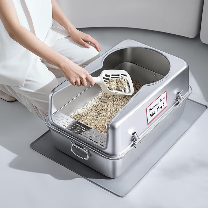 XL Metal Cat Litter Box with Lid – Non-Stick, Odor Control, Stainless Steel, Rust-Resistant, High-Sided – Easy to Clean with Handles, No-Slip Base, Leak-Proof Seal, 5 Clips, Cleaning Tracker