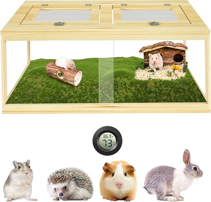 32" Hamster Habitat Enclosure, Lockable Sliding Door Gerbil Cage, Dwarf Hamster Cage with Metal Mesh Roof, Chewproof Syrian Hamster Cage for Mice, Small Animal, (Wooden, 32" L x 16" W x 16" H)