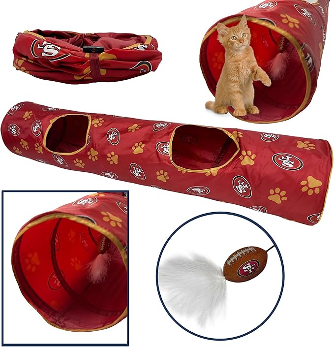 NFL San Francisco 49ers Cat Tunnel Tube Toy with Plush Football Catnip and Feathers Collapsible Tunnel for Cats to Play, Peek and Hide, Sporty & Fun Cat Tunnel Toy with Team Logo All-Over Design!