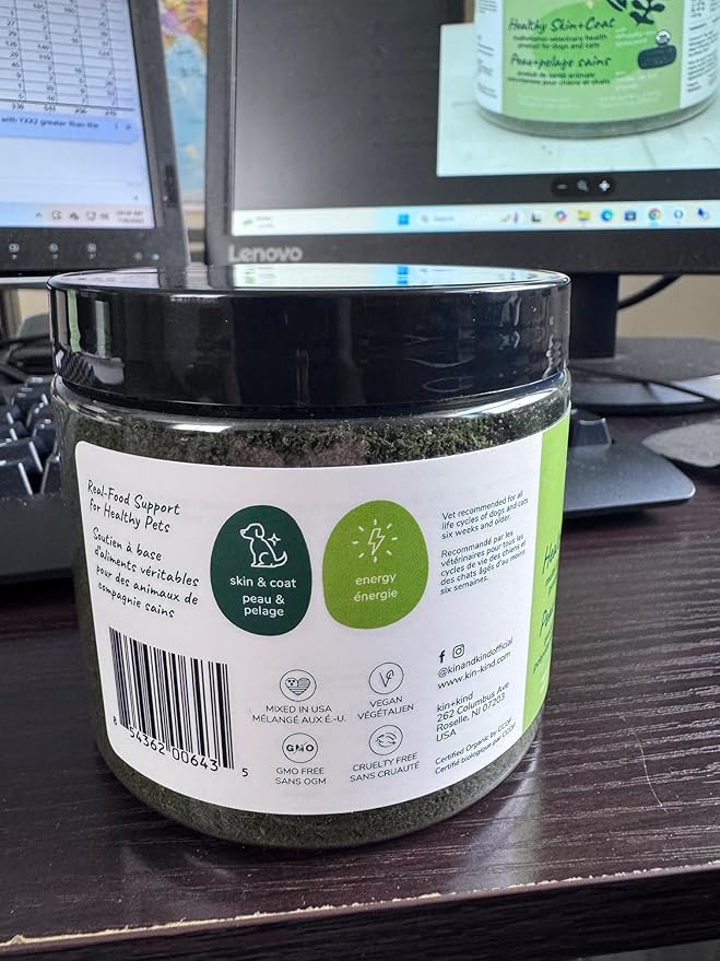 kin+kind Organic Multivitamin for Dogs & Cats - Pet Supplement for Healthy Skin and Coat - Safe, Natural Formula with Wheatgrass, Kelp, Seaweed and Coconut - Made in USA - 4oz (Medium)