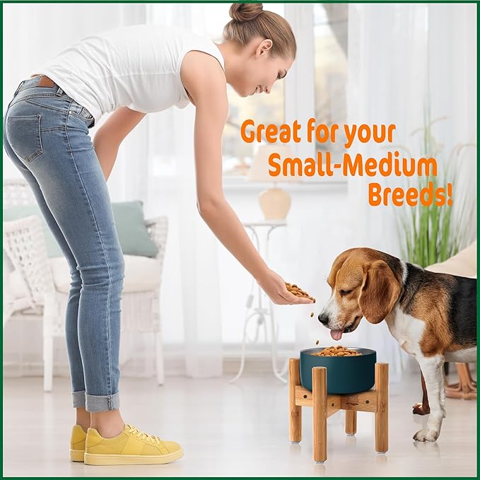 Dog Bowl Stand for Medium Breeds - Raises Bowls to 9-inch High, Ants/Bugs-Off - Adjustable, Fits Various Sizes of Dog Food/Water Bowls and Slow Feeders - Bamboo