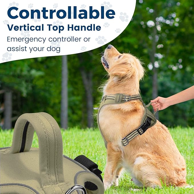Funfox Dog Harness No Pull, Adjustable Pet Vest Harness, Super Soft Material with Vertical Handle Easy Control, Reflective Night Walking, 2 Leash Clips for Large Dogs, Army Green, L