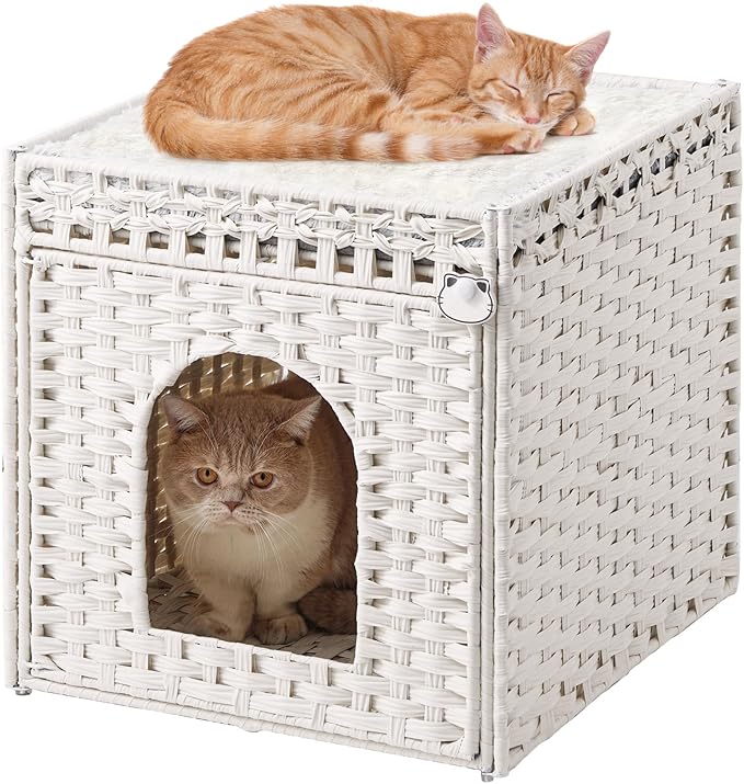 Cat Beds for Indoor Cats Extra Large Double Cat Cave Pet Cube, Handwoven Rattan Cat Houses with Double-Sided Soft Cushions, 18.5 x 20.5 x 19.1 Inches Foldable Hideaway in Living Room White