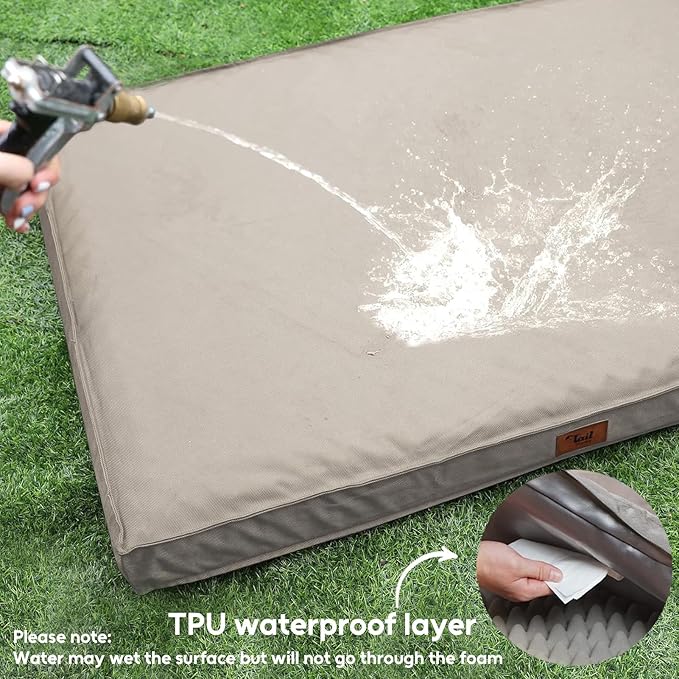 Outdoor Extra Large Dog Bed, Jumbo Waterproof Dog Bed for Large Dogs, Orthopedic Egg Foam Pet Bed Mat with Removable Oxford Cooling Cover, Khaki