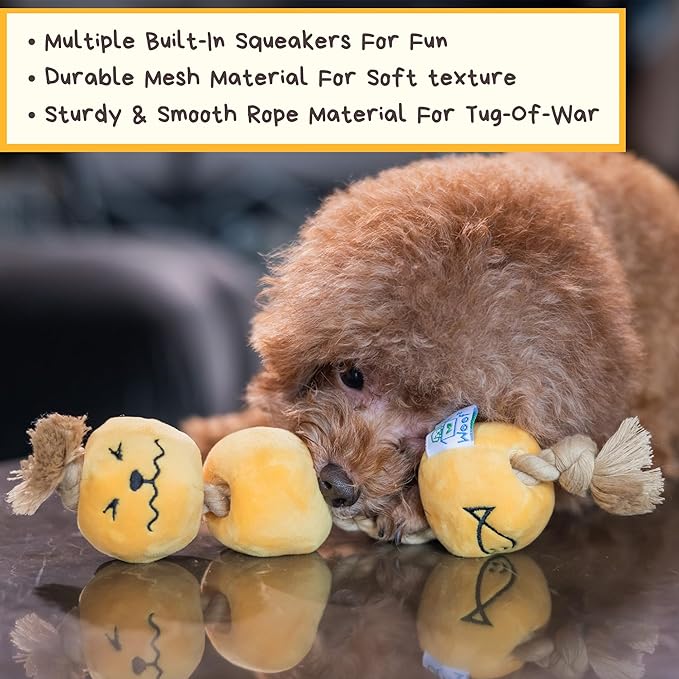 Curry Fishball Soft Plush Squeaky Dog Pull Toy - Durable, Iconic, Cute & Fun Rope Toy for Interactive Bonding Time, Sliding Mechanism, Hide Food for Puzzle Play, Small Medium Dogs