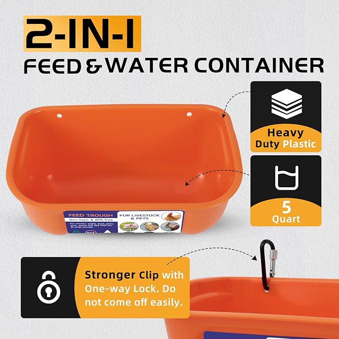 Goovilla Chicken Feeder Waterer, Hanging or Screw-in Fence Feeder with Clips, 2 Pack 5 Quart Goat Feeder Supplies, Duck Piglet Sheeple Coop Dog Livestock Poultry Plastic Feeder Trough Bucket, Orange