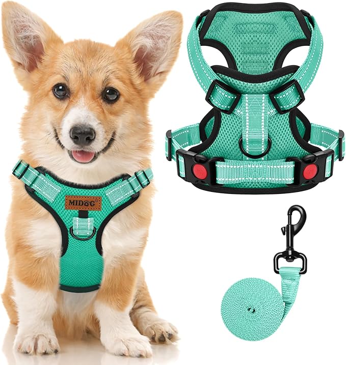 MIDOG No-Pull Dog Harness | Adjustable & Reflective Pet Harness Leash Set for Small Medium Large Dogs Walking, Training| No Choke, Front Clip, Soft Padded Vest with Easy Control Handle - Green, S