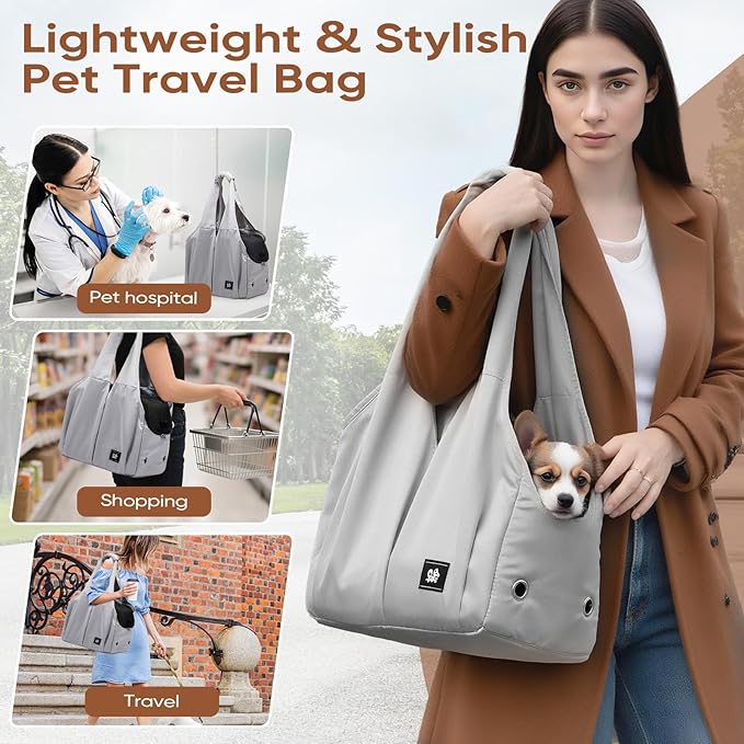 Dog Purse Carrier for Small Dogs, Cats, and Puppies – Soft-Sided Travel Pet Tote Bag with 4 Large Pockets, Foldable, Lightweight, Fits Pets up to 15 lbs, for Travel, Outings (Grey)