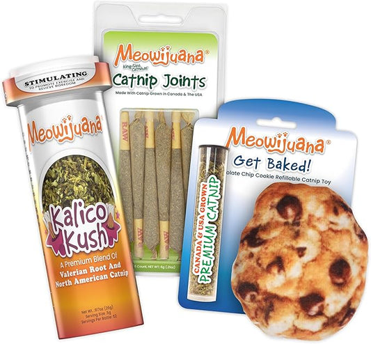Meowijuana Get Baked Bundle | Get Baked Cookie Refillable Toy, King Size Catnip Joints, and Kalico | Hand Harvested and Rolled Dried High Potency Catnip | Grown in North America