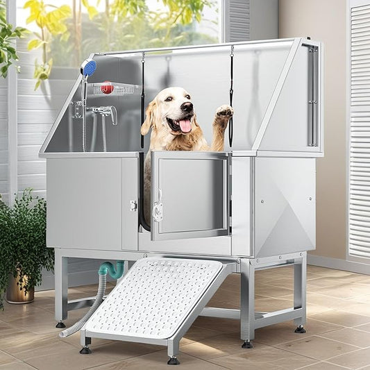 YITAHOME Dog Grooming Bathtub, Professional Stainless Steel 304 Dog Bathing Station w/Right Ramp, Faucet, Floor Grate, 50in Pet Washing Station for Large, Medium, Small Pets
