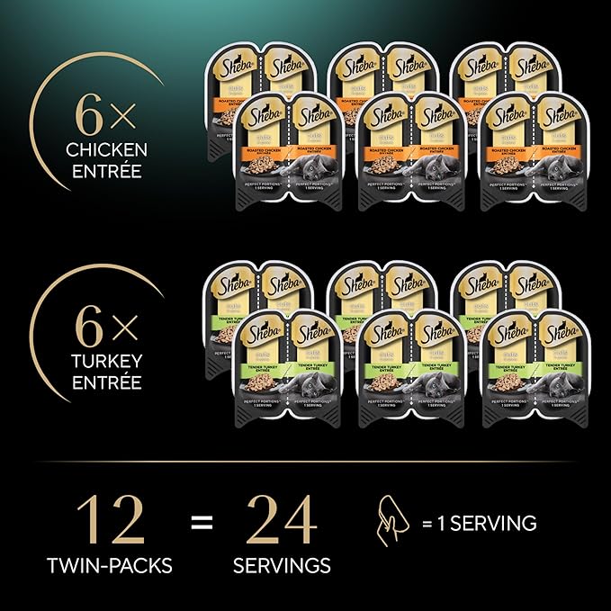 Sheba Perfect Portions Wet Cat Food Cuts in Gravy Variety Pack, Roasted Chicken Entree and Tender Turkey Entree, 2.6 oz. Twin-Pack Trays (12 Count, 24 Servings)