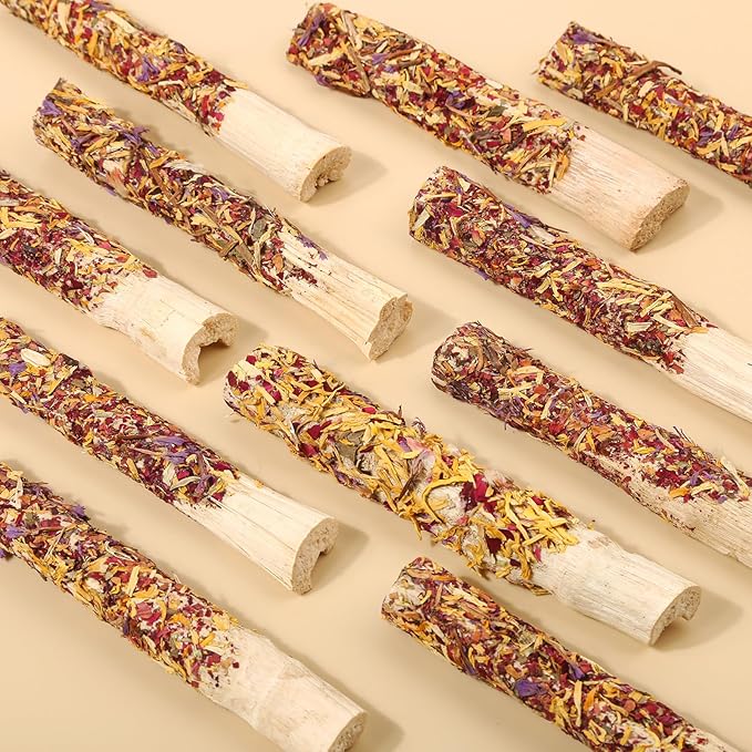 Abizoo Natural Rabbit Chew Toys,10 Sticks Sweet Bamboo Sticks for Rabbits with Petals,Bunny Chew Toys for Guinea Pig,Chinchilla,Hamster Treats Pet Wood Chews Snack Healthy Small Animals Toys for Teeth