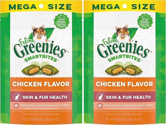 Greenies Feline Smartbites Skin & Fur Crunchy and Soft Natural Cat Treats, Chicken Flavor, 4.6 oz. Pack (Pack of 2)