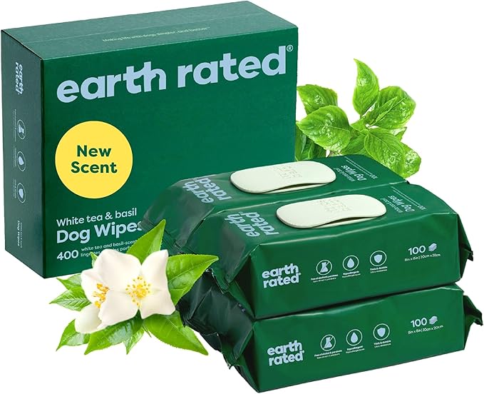 Earth Rated Pet Wipes for Dogs and Cats, Hypoallergenic, 3-in-1 Cleaning, Deodorizing and Hydrating, for Grooming Paws, Body and Butt, New White Tea and Basil Scent, 400 Count