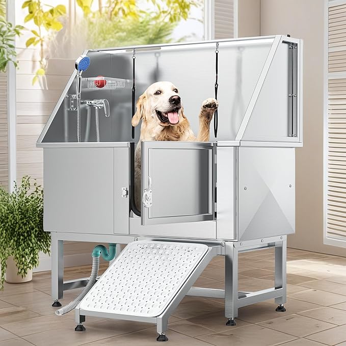 YITAHOME Dog Grooming Bathtub, Professional Stainless Steel 304 Dog Bathing Station w/Right Ramp, Faucet, Floor Grate, 50in Pet Washing Station for Large, Medium, Small Pets