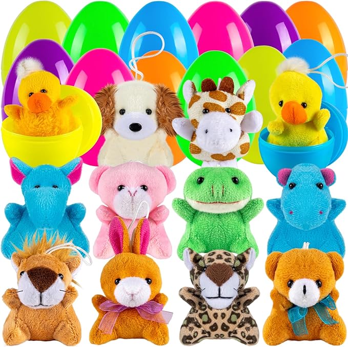 Sofier Plastic Easter Eggs with Animal Toys 12pcs Filled Easter Eggs 3.4" Easter Basket Stuffers Easter Egg Fillers Kids Classroom Gift Exchange Party Favors