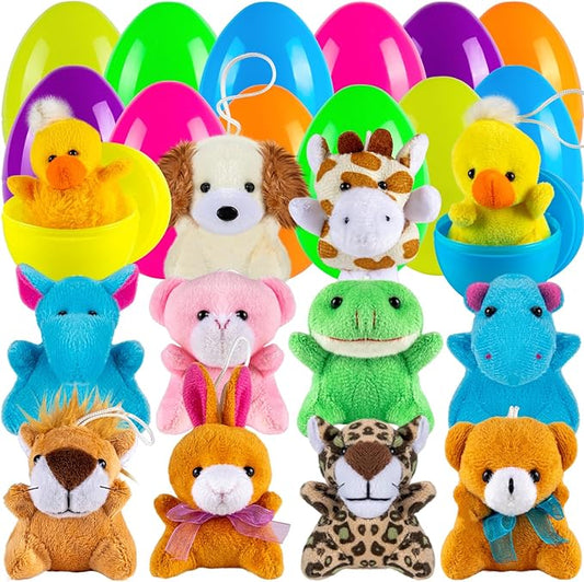 Sofier Plastic Easter Eggs with Animal Toys 12pcs Filled Easter Eggs 3.4" Easter Basket Stuffers Easter Egg Fillers Kids Classroom Gift Exchange Party Favors