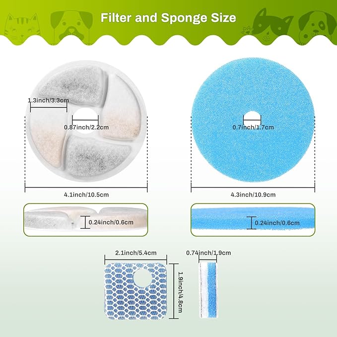 10 Set Cat Water Fountain Filter Replacement for Square 2.2L/73oz Stainless Steel Cat Fountain, ZEKIRY Pet Fountain Filter, Triple Filtration Replacement Filters(10 Filter, 10 Sponge, 10 8D Sponge)