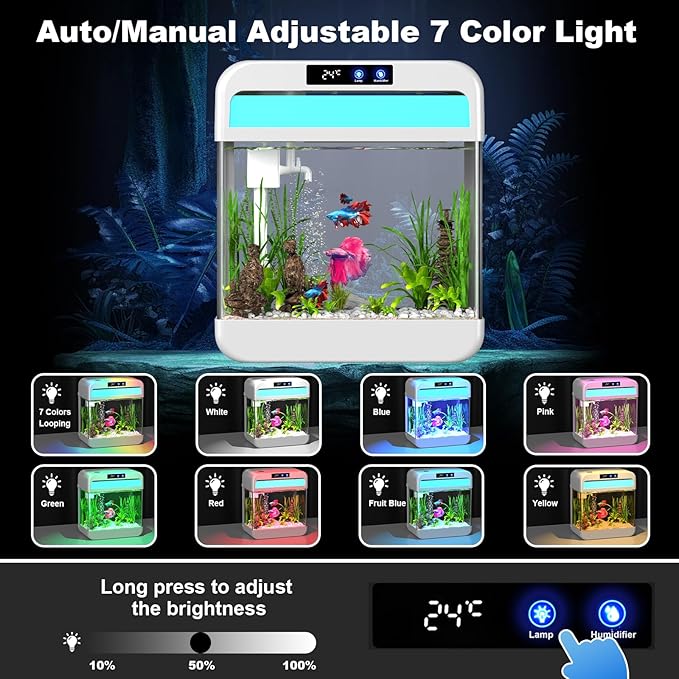 Fish Tank Aquarium 2.2 Gallon with 7 Color Auto-Looping Light, Fish Bowl with Humidifier 3 in 1 Pump - Filteration & Oxygenation & Circulation, Temperature Display, HD Float Glass, Thickened Base