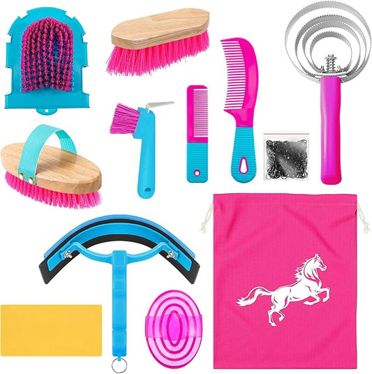 Abbylike 12 Pieces Horse Grooming Kit Racing Festival Tack Room Supplies Horse Brush Sets Equine Care Cleaning Kit Shedding Grooming Massaging Tools(Rose Red)