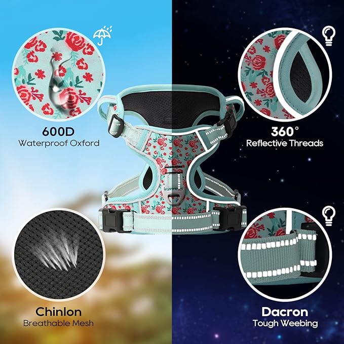 Timos No Pull Dog Harness, Release at Neck Reflective 3 Snap Buckles Adjustable No Choke Pet Vest with Front & Back 2 Leash Clips, Soft Padded Control Training Handle for Small Medium Large Dogs