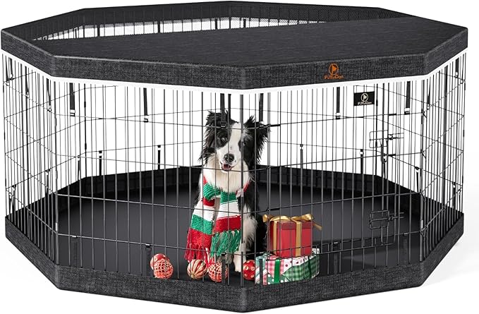 PJYuCien Dog Playpen, 8 Panels 30’’H Dog Pens Indoor with Bottom Pad and Top Cover, Metal Foldable Pet Puppy Exercise Fence Crate Kennel, Better for Small Animals,Black
