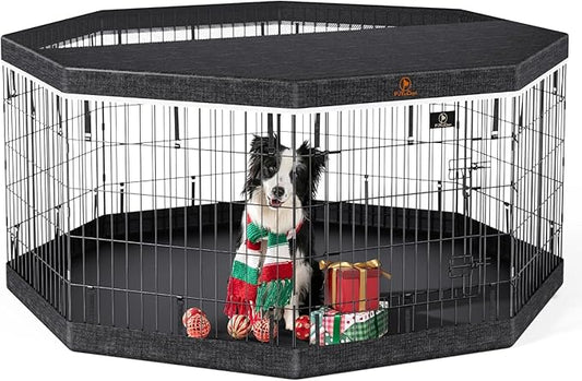 PJYuCien Dog Playpen, 8 Panels 30’’H Dog Pens Indoor with Bottom Pad and Top Cover, Metal Foldable Pet Puppy Exercise Fence Crate Kennel, Better for Small Animals,Black