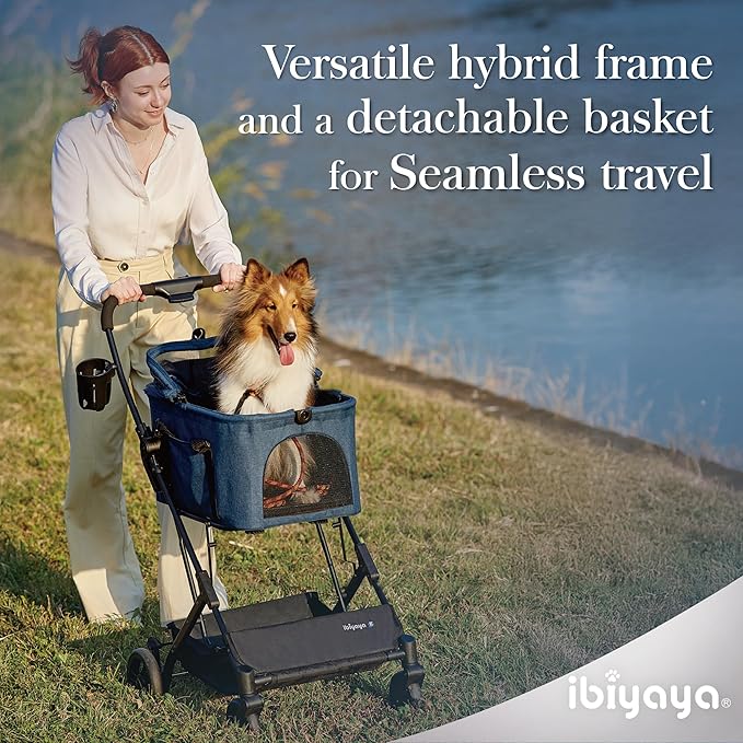 ibiyaya Essential – Travois Tri-Fold Pet Travel System for Medium Dogs, Cats, and More, 3 in 1 Dog Stroller with Detachable Carrier, XL Cabin (Nautical Blue)