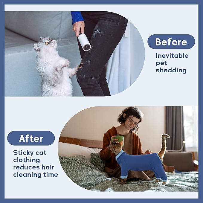 PUMYPOREITY Cat Hair Sticky Sweater, Recovery Suit - Breathable & Lightweight for Post-Surgery Protection, Cat Onsie Prevents Licking Wounds, Blue, 2XL