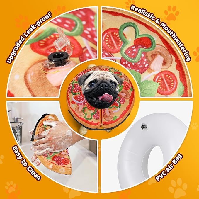 Grand Line Pizza Inflatable Collar for Dog and Cat, Soft Protective Recovery Cone After Surgery, Blow up Pet Donut Collar Cone, E-Collar Alternative Does not Block Vision (Cartoon, Large)