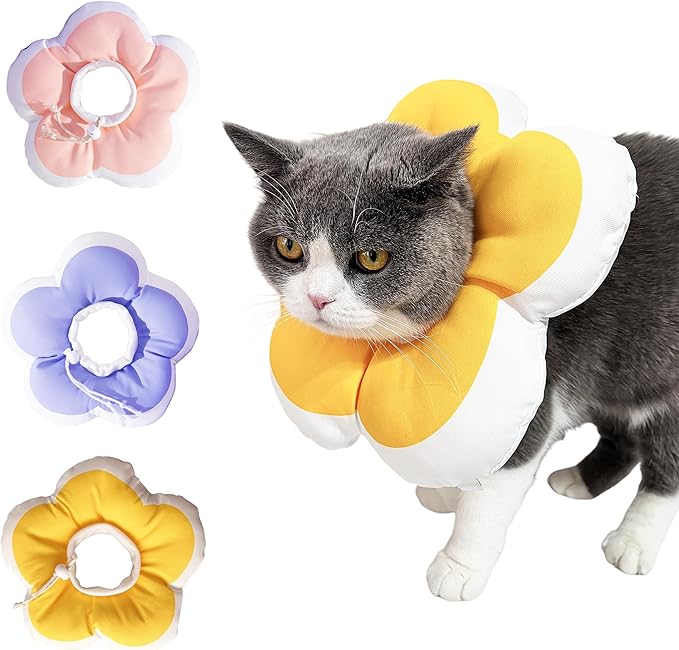 Cat Cone Collar Soft, Adjustable Kitten Cone After Surgery, Waterproof Recovery E Collar for Pet to Stop Licking(Yellow Flower, Medium)