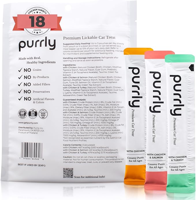 Purrly Lickable Wet Cat Treats Healthy Grain-Free Chicken Variety Pack (18 Count) Squeezable Creamy Purée with Human-Grade Protein Sources and Functional Nutrients Non-GMO No-Artificial-Additives