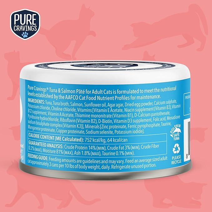 Tuna and Salmon Pate, Canned Wet Cat Food, 100% Mercury-Tested, Moist Can Fish, Grain-Free Protein, Non-GMO, 12 Pack