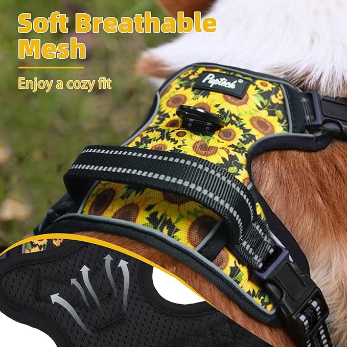 PUPTECK No Pull Dog Harness Small Sized, Adjustable Reflective Dog Harness with Handle Easy Control, Comfortable Soft Padded Pet Vest Harness for Small Dogs, Sunflower S