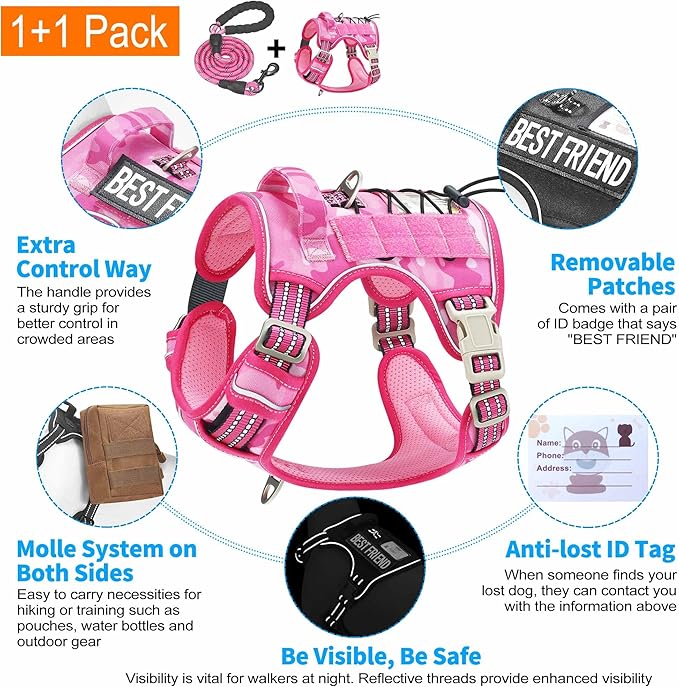 Heavy Duty Tactical Dog Harness for Small Dogs, No Pull Adjustable Pet Harness Reflective Service Training Easy Control Pet Vest Military K9 Working Dog Harnesses- Small, Pink Camo