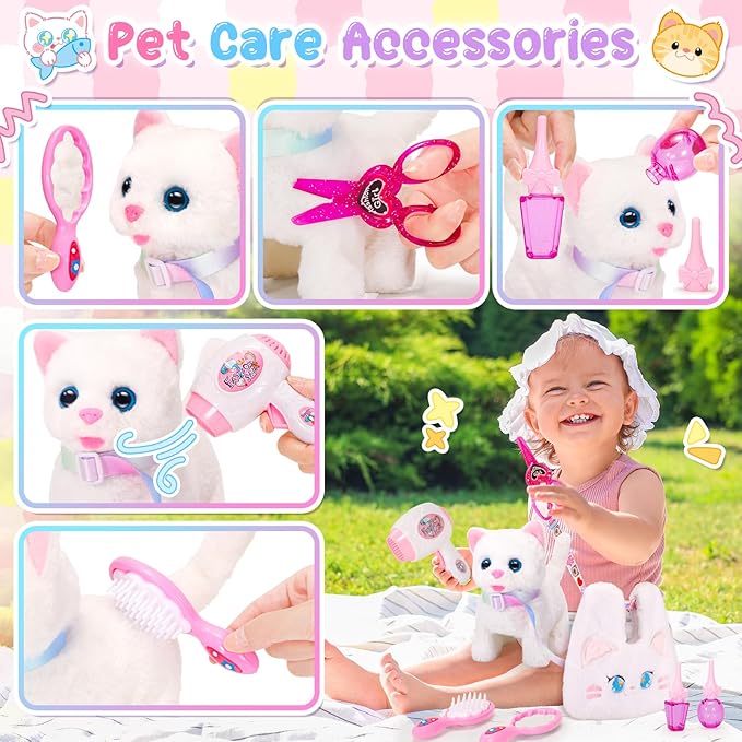 Interactive Cat Toys for Kids with Crossbody Bags, Stuffed Cat Plush with Leash Walking Meow Pretend Play Kitty Robot Pet Toy, Electronic Realistic Cute Stuff for Girls Plushies Toddler Toys