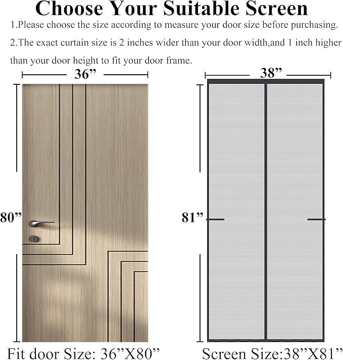 Magnetic Screen Door Upgraded-Model Full Strip Magnets,Fiberglass Heavy Duty Mesh Door Net Screen with Magnet,Full Frame Seal Retractable Mosquito Net for Door Single Front,Fit to 36"x80"