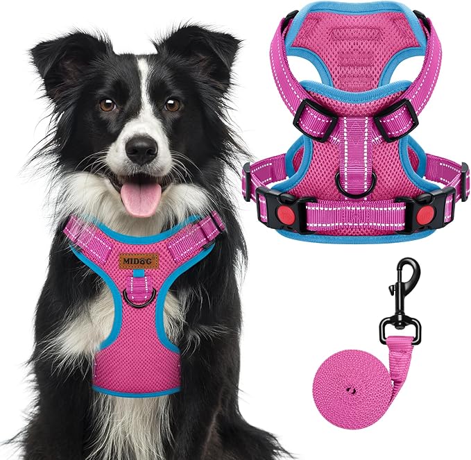 MIDOG No-Pull Dog Harness | Adjustable & Reflective Pet Harness Leash Set for Small Medium Large Dogs Walking, Training| No Choke, Front Clip, Soft Padded Vest with Easy Control Handle - Pink, XL